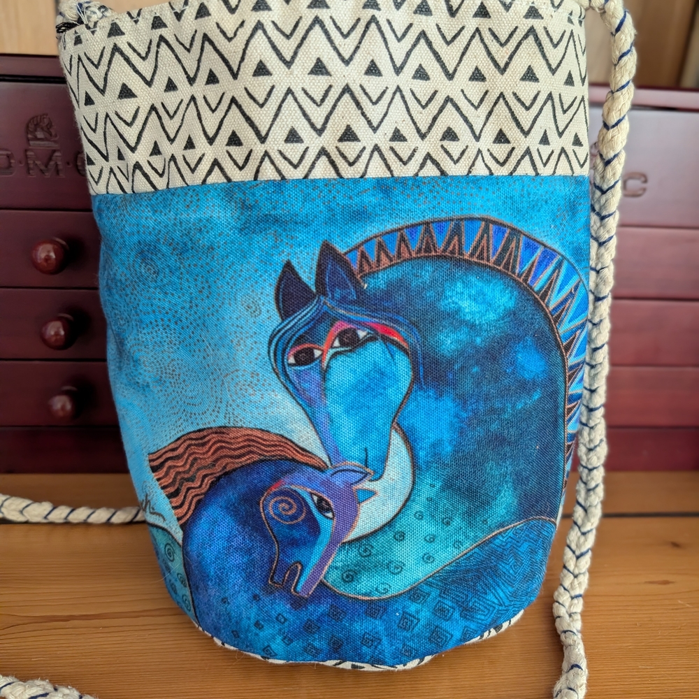 Laurel Burch "Teal Mare & Foal" Blue Artistic Horse Canvas Tote Bag